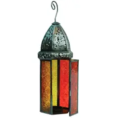 In the Breeze 9214 &mdash; Orange & Yellow Large Hex Tealight Lantern &mdash; Moroccan-Style Boho Chic Tealight Glass and Metal Tabletop Lantern