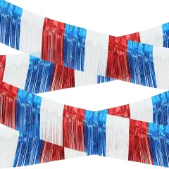 4 Pack 10 Feet Foil Fringe Garland Metallic Tinsel Streamers Banner Wall Hanging Fringe Backdrop Banner for Parade Floats Wedding Birthday Party Decoration (Royal Blue Red White)
