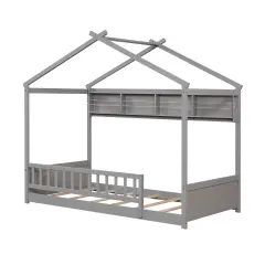 Twin Floor Bed with House Frame, Storage Shelf, Guardrails, Montessori Design, and Solid Wood Construction Grey