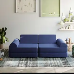Emma and Oliver Conner Modular Play Couch for Kids with Convertible 6-Piece Design and Soft Foam Cushions Blue