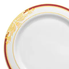White with Burgundy and Gold Harmony Rim Plastic Appetizer/Salad Plates - 7.5" (120 Plates)