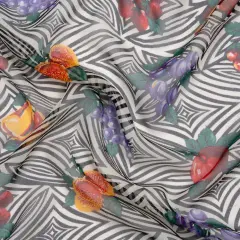 1 Yard Black, White and Green Op Art Fruits Silk Chiffon Abstract Print Fabric, 54 Inches Width