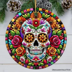 Floral Celebration Sugar Skull Stained Glass Style Ornament, Lush Blossom Christmas Gift and Decor