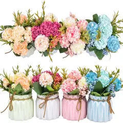 Set of 4 Mini Artificial Hydrangea Plants &ndash; Faux Flowers in Pots for Home & Office D&eacute;cor