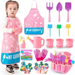 Kids Pink Gardening Tools Set, Garden Toys w/Metal Rake, Shovel, Trowel, Watering Can, Gloves, Tote Bag, Plant pots, DIY Bookmark Kits, Spring Summer Toy Outdoor Gift for Toddler Boy Girl