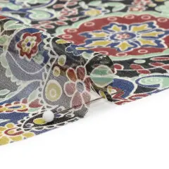 1 Yard Lime, Blue and Black Floral Silk Chiffon Fabric for Dresses 54 Inch Width