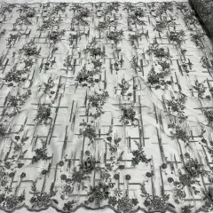 1 Yard Beaded Rhinestone 3D Floral Lace Fabric for Wedding Gowns and Dance Costumes 50" Width Grey