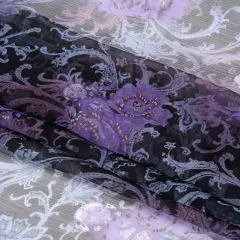 1 Yard Purple, Black and Metallic Gold Matryoshka Doll Crinkled Silk Chiffon Designer Fashion Textile 54 inch Width
