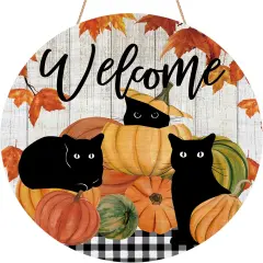 Welcome Fall Black Cat Door Sign Pumpkin Maple Leaf