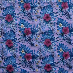 1 Yard Hibiscus Monstera Palm Leaves Polyester Fabric, 60" Wide Tropical Print Lavender
