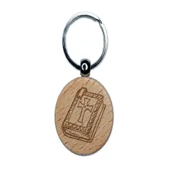 Medieval Holy Bible Book Crusades Engraved Wood Round Keychain Tag Charm