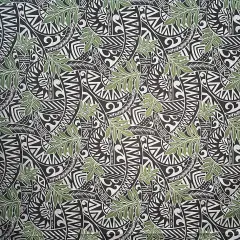 1 Yard Traditional Polynesian Tattoo Philodendron Leaves Chambray Denim Look Fabric For Apparel 60 Inch Black & Green