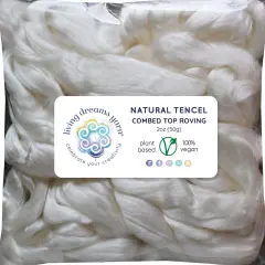 2oz Tencel Fiber: Natural White Undyed Combed Top Roving. Plant Based, Eco Friendly, Vegan