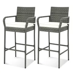 Set of 2 Patio Wicker Barstools with Armrests and Soft Cushions Ideal for Outdoor Use