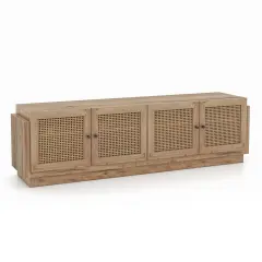 Oak Farmhouse TV Stand with Adjustable Shelves, Storage, PE Rattan and Cable Management