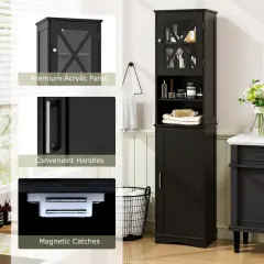 67 Inch Tall Freestanding Bathroom Storage Cabinet with 5 Adjustable Shelves and 2 Open Compartments Black