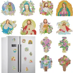 Diamond Painting Art Magnets Refrigerator - 12 PCS Christian Diamond Painting Kit Jesus Cross Our Lady Religious Gem Art Fridge Sticker Set for Inspirational Christmas Gift Adult Beginner Home Decor