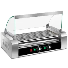 Stainless Steel 18-Hot Dog Roller Grill with Glass Hood & Tray