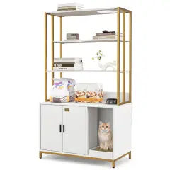 MDF Metal Cat Cabinet with Scratcher, Cat Litter Box Enclosure , Storage and Side Entry White
