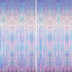 6.4 ft x 6.5 ft Metallic Tinsel Foil Fringe Curtains,Pack of 2 Party Streamer Backdrop for Mermaid Birthday Party Decorations(Neon Blue)