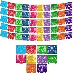 Mexican Party Banners (5 Pack with 10 Plastic Flags per Banner) - Papel Picado Mexicano Para Fiesta - Plastic Papel Picado - Fiesta Themed Party Decorations - Mexican Decor