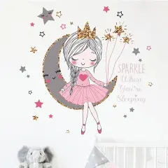 Colorful Cute Lovely Wall Stickers for Kids Peel and Stick Removable Wall Decals DIY Decorations Decor for Nursery Baby Girls Bedroom Playroom Living Room (Girl Sitting On The Moon)