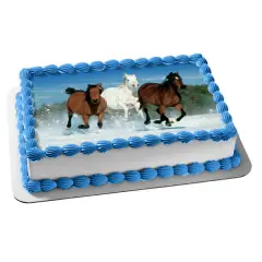 Horses Running Brown and White In the Snow Edible Cake Topper Image 1/4 sheet