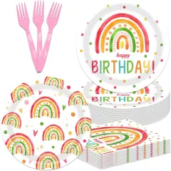 48Pcs Rainbow Birthday Decorations Colorful Boho Rainbow Tableware Set Disposable Plates Napkins Forks Serves 16 Bohemian Retro Rainbow Happy Birthday Party Decorations