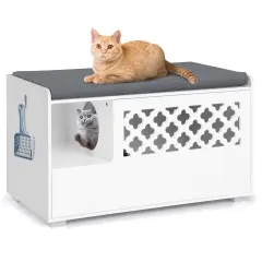 White 4-in-1 Cat Litter Box Enclosure with Removable Cushion and Front Flip Door