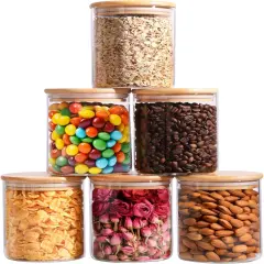 25oz Glass Food Storage Jars Set of 6, Clear Glass Storage Containers with Lids, Pantry Organization Jar, Spice Jar, Blooming Tea, Coffee and Sugar Container, Small Canister Set for Kitchen