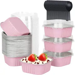 10oz Mini Cake Pans With Lids 40 Pack,LNYZQUS Aluminum Foil Square Brownie Baking Cups,Disposable 4&rdquo;x4&rdquo; Large Cupcake Pan,Jumbo Muffin Tin Ramekins Holders-Pink