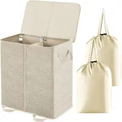 Double Laundry Hamper with Lid and Removable Laundry Bags, Large Collapsible 2 Dividers Dirty Clothes Basket with Handles