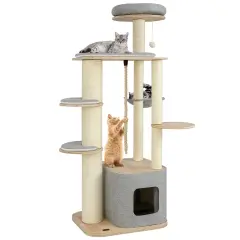 63 Inch Tall Wooden Cat Tree Tower with Soft Padded Cushion Platforms and Full-Wrapped Scratching Posts