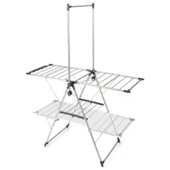 Silver 2-Tier Foldable Clothes Drying Rack with Tall Hanging Bar and Height Adjustable Gullwings