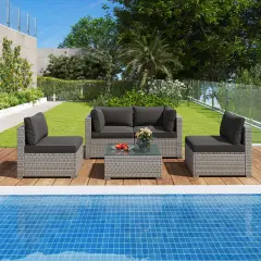 5-Piece Outdoor Patio Furniture Set Including Coffee Table and 4 Rattan Chairs with Cushions Black