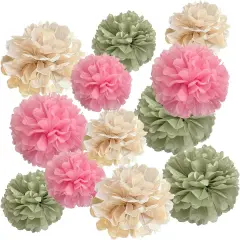 Sage Green Tissue Paper Pom Poms Decorations, 12 PCS Pink Green Birthday Baby Shower Decor, Boho Neutral Wedding Bridal Shower Engagement Party Decorations