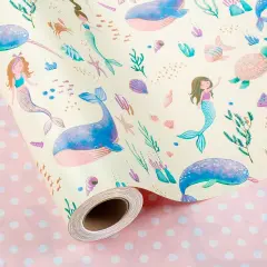 Reversible Mermaid Wrapping Paper Roll- Whale,Turtle and Sea Creature with Pink Polka Dot for Kids,Girls,Baby Shower,Birthday-Mini Roll-17 Inch X 32.8 Feet