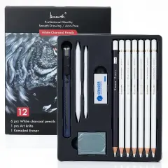 White Charcoal Pencils Set - 12 Piece White Colored Pencils for Drawing, Sketching, Shading, Blending, White Chalk Pencils for Kid, Beginners & Pro Artists