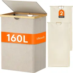 Double Laundry Hamper with Lid, Extra Large Bamboo Laundry Basket Dirty Clothes Hamper, 2 Section Laundry Bin Organizer for Laundry Room Bedroom