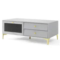 Grey MDF and Metal TV Stand with Tempered Glass, Storage Drawers and Modern Design