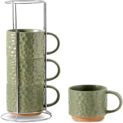 Ceramic Coffee Mug Set of 4, 16OZ Stackable Coffee Mug Set with Stainless Stand,Large Cup Set for Cappuccino,Tea,Hot/Cold Drinks,Dishwasher & Microwave Safe,Matte Green