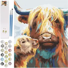 Paint by Numbers for Adults Canvas Highland Cow DIY Acrylic Adult Paint by Number Kits Colorful Mom Baby Cow Paintworks Animals Artwork Wthout Frame, 16x20 Inch