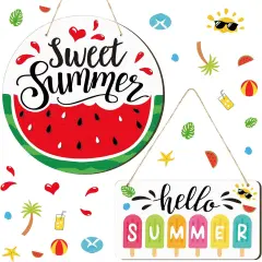 2 Pcs Hello Summer Sign Rustic Wood Decor Sweet Summer Sign Front Door Decoration