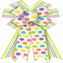 Large Spring Wreath Bows, Yellow Stripe Bows for Wreath Colorful Dot Wreath Bows Easter Bows for Front Door White Yellow Easter Tree Bows for Indoor Outdoor Decor