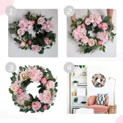 Artificial Pink Rose Wreath 20 inches Front Door Wreath with Hydrangea Green Leaves Wreath Artificial Spring Wreath Valentines Mother's Day Wreath for Wall Wedding Party Home Decor (Pink)