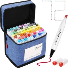 72 Primary Colors Alcohol Marker Set, Bullet & Chisel Dual Tip Art Marker Set for Artist, Adults Coloring, Drawing, Sketching, 71 Classic Colors+1 Blender+1 Swatch+1 Blue Travel Case