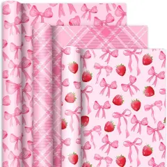 3 Rolls Pink Bow Wrapping Paper -Mini Roll- 17 In x 16.4 Ft Plaid Bow-Knot Strawberry Gift Wrap Paper for Holiday Wedding Baby Shower Birthday Party Wrapping Supplies
