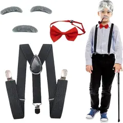 4E's Novelty Old Man Costume for Kids Boys 100th Days of School Includes Suspenders, Gray Stick On Moustache & Eyebrows, Bow Tie. Grandpa Costume Accessory