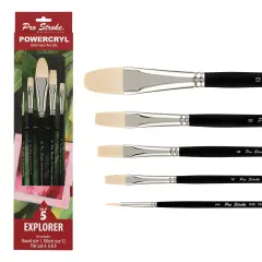 Creative Mark Pro-Stroke Powercryl Acrylic Paint Brushes - Explorer Value Set of 5 Assorted Shapes, Synthetic Brushes for Artists, Seamless Nickel-Plated Ferrules, Matte Black Handle, Soft-Touch Grip