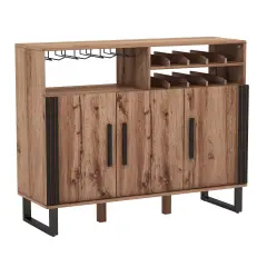 Brown Home 2 Tier Wine Bar Cabinet with 3 Doors and Adjustable Shelves Ideal for Home or Bar